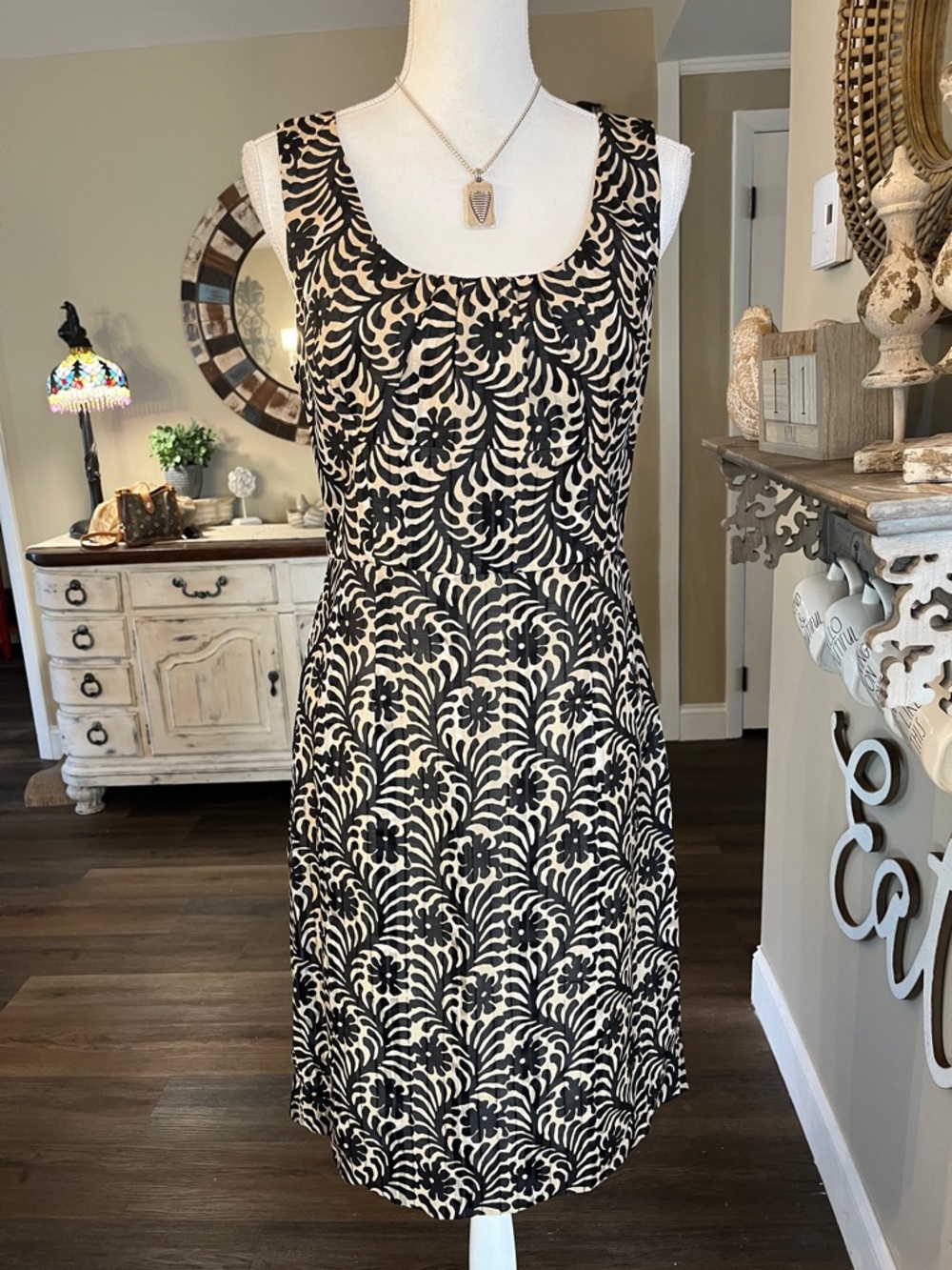 Milly of New York Black and Cream Floral Sheath Midi Dress